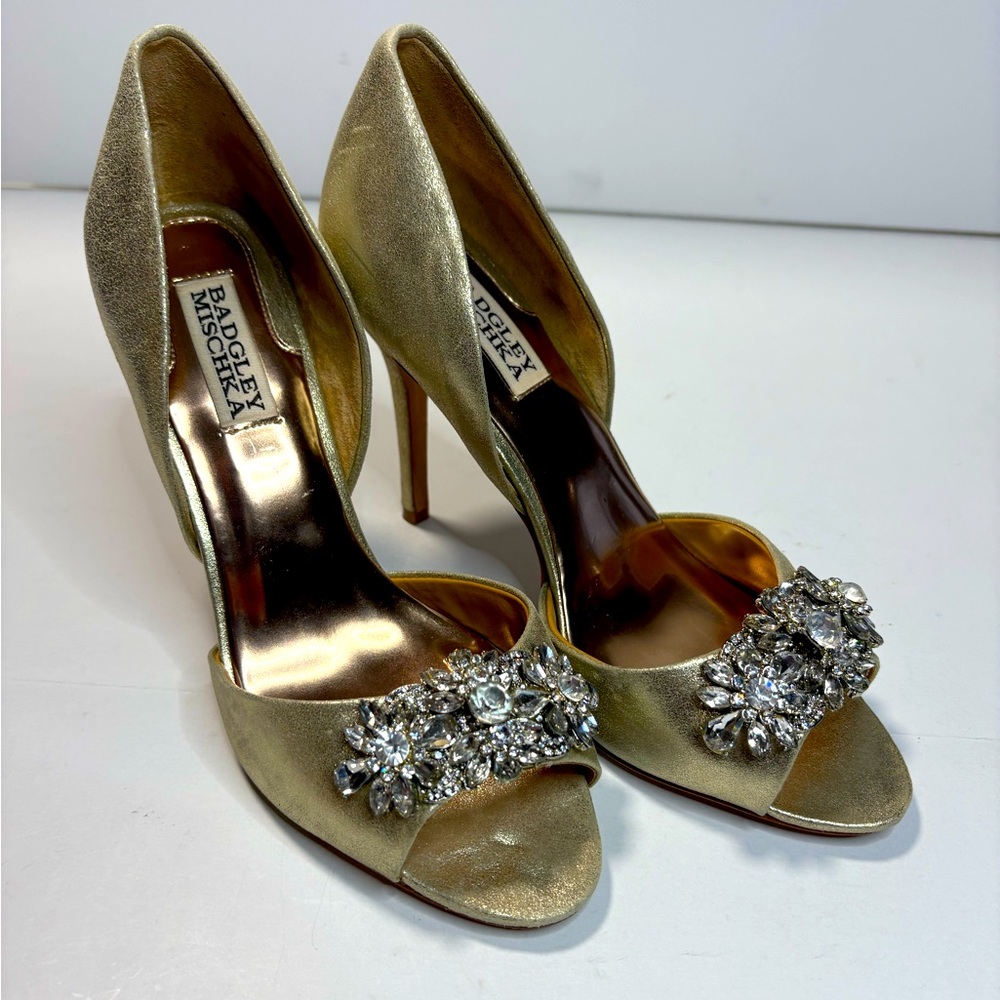 Badgley Mischka Gold Heels with Rhinestone Accents Size 7.5